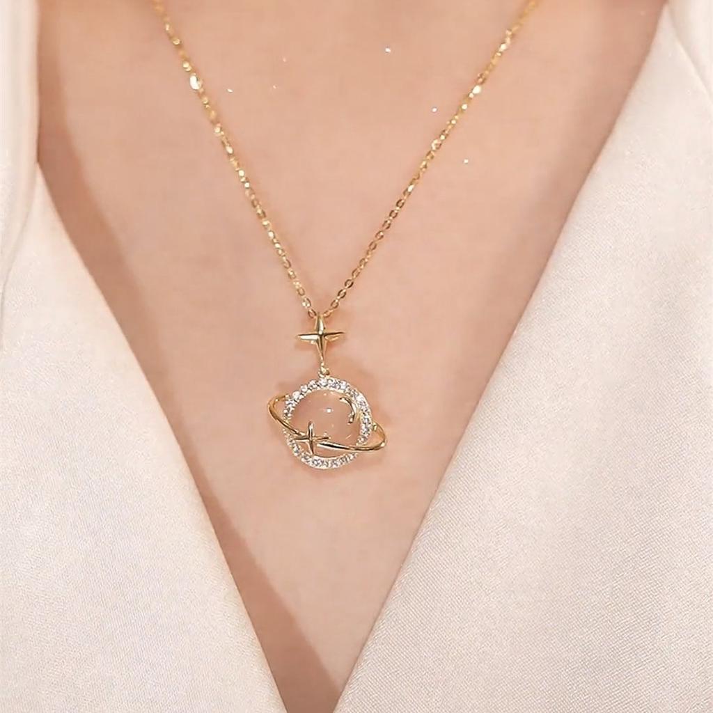 Ins Style Star Planet Moon White Chalcedony Pendant Necklace 925 Silver Chain Light Jewelry for Women