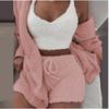 Women's Loose Fit Three Piece Loungewear Long Sleeve Fuzzy Cardigan V Neck Tank Drawstring Waist Shorts Winter Solid Tracksuit
