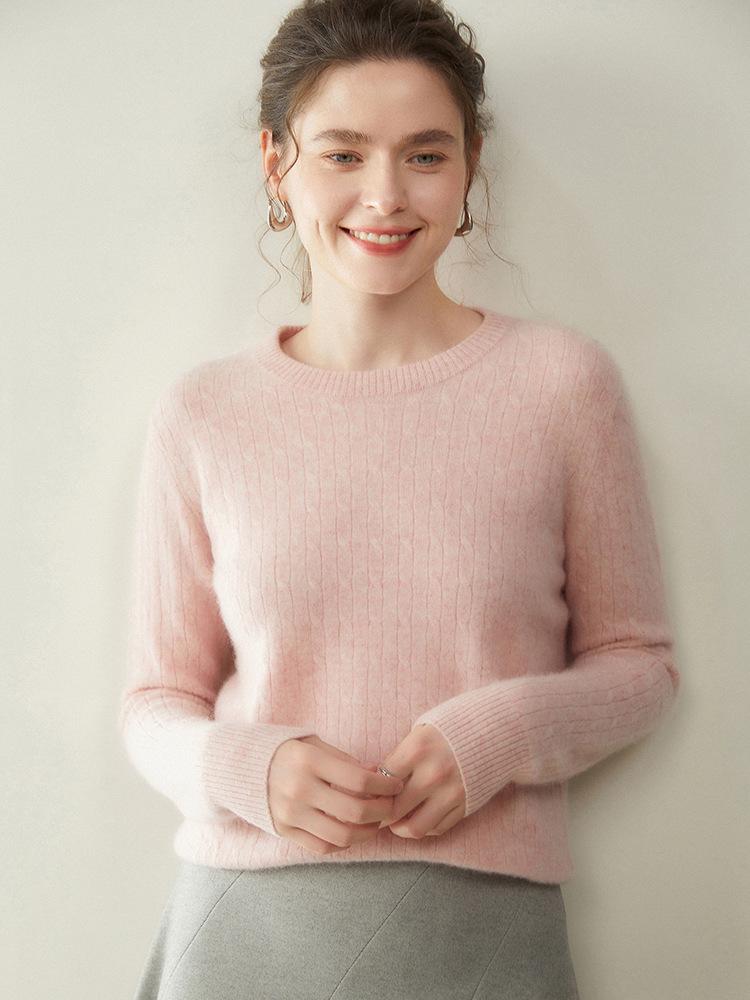 Women's Light Luxury Cashmere Sweater - Autumn/Winter Cable Knit, Round Neck, Slimming Fit, Long Sleeve.