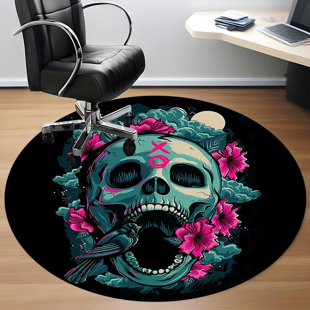 1pc Skull Flowers Office Round Area Rug, Indoor Mat Suitable For Office, Under Office Chairs Bedroom Living Room Home Decor, Room Deco