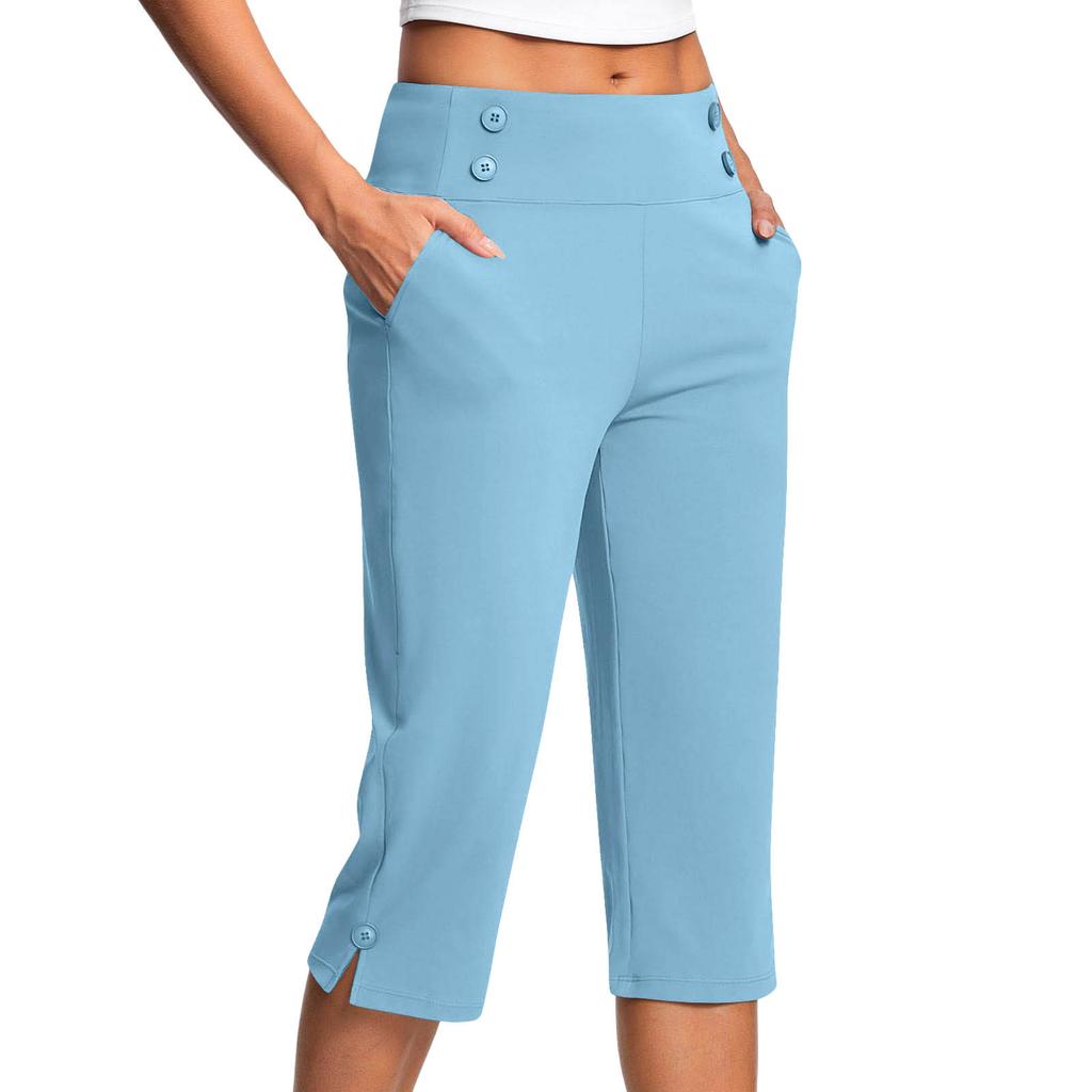 Women's Fashionable Solid Color Button Pocket Pants with Split Hems High Waist Sports Yoga Casual Cropped Pants