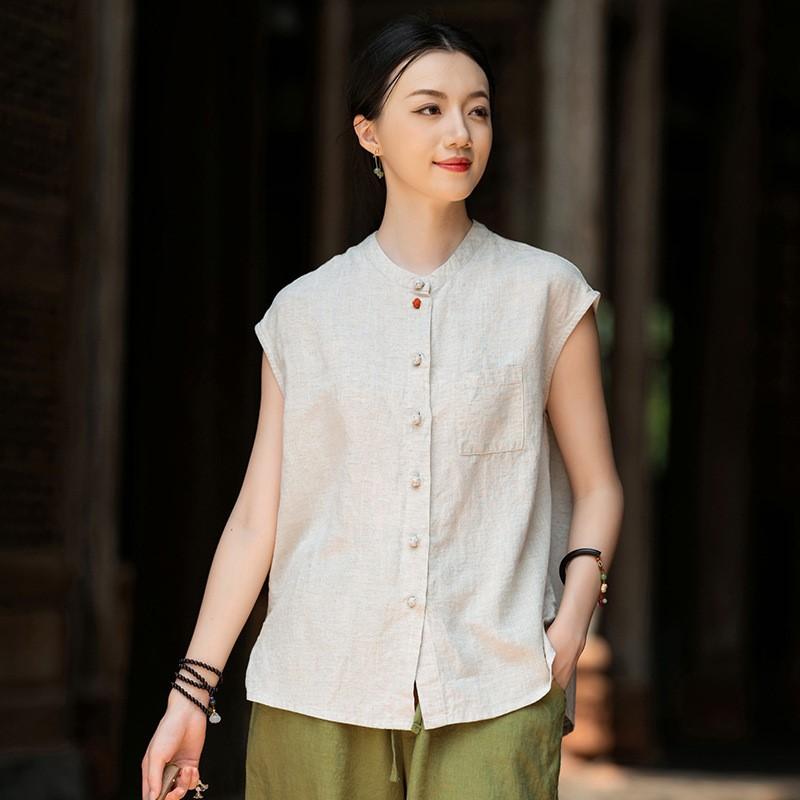 

Johnature Винтажные женские рубашки стойка без рукавов однотонные топы лето карманы пуговица китайский стиль женские рубашки One Size бежевый