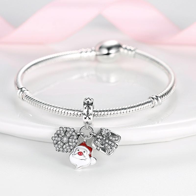 2026 Christmas Theme Snowflake Gift Box Santa Claus Beaded Pendant 925 Silver DIY Bracelet Christmas Gift