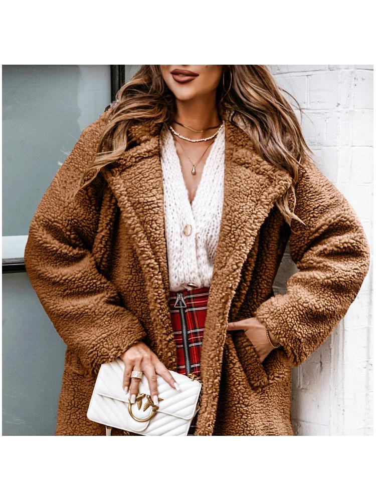 2025 Autumn/Winter Women's Plush Top - Furry Long-Sleeve with Turn-Down Collar