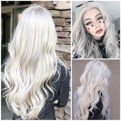 Women Natural White Long Curly Wig Synthetic Wavy Hair Full Front Heat Wig