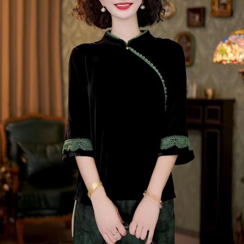 

Elegant Spring Slimming Retro Embroidered Cheongsam Shirt - Gold Thread Black Top XL [90-105 lbs]