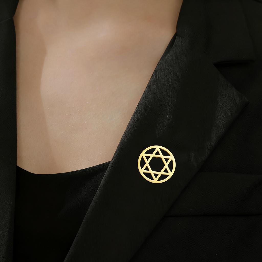 Star Of David Round Pin Brooch Stainless Steel Hexagram Lapel Badge For Women Man Vintage Suit Accessory Jewish Jewelry Gift