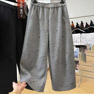 Calças Femininas Plus Size Espessas Elásticas Cintura Alta Calças Compridas Cor Sólida Lã Casual Calças de Perna Larga
