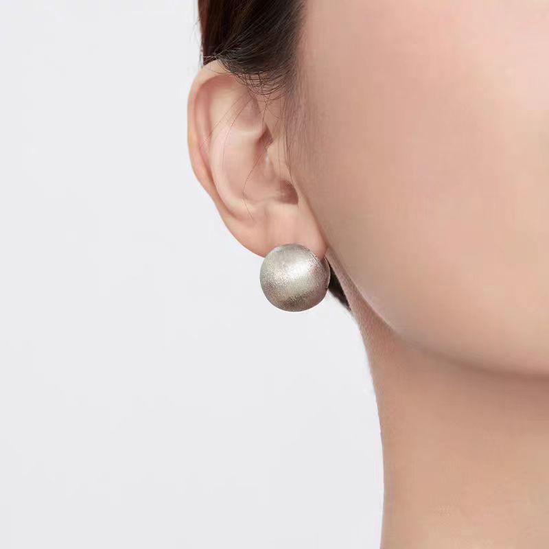 S925 Sterling Silver Brushed Matte Ball Stud Earrings - Women's Simple Luxury Design, European & American Style