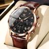 OLEVS Men's Waterproof Chronograph Watch Brown Leather Band Black Dial Roman Numerals Luminous Date Quartz