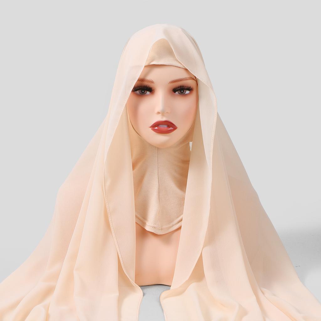 Ramadan Instant Hijab Set Long Neck Cap With Chiffon Scarf Solid Bonnet Hat And Scarf Combo Muslim Woman Hijab Shawl Wrap Turban