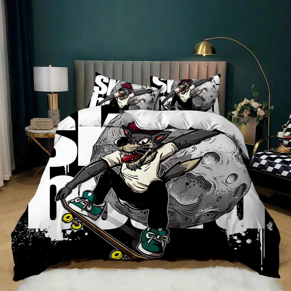 Cartoon Skateboard Duvet Cover Set Cartoon Wolf Kids Hip Hop Skateboard Sport Queen King Cute Wild Animal Polyester Quilt Cover