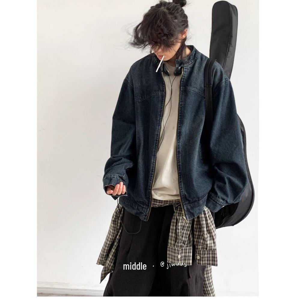 Pánská japonská retro distressed džínová bunda na jaro a podzim - Ležérní, volný střih pro páry