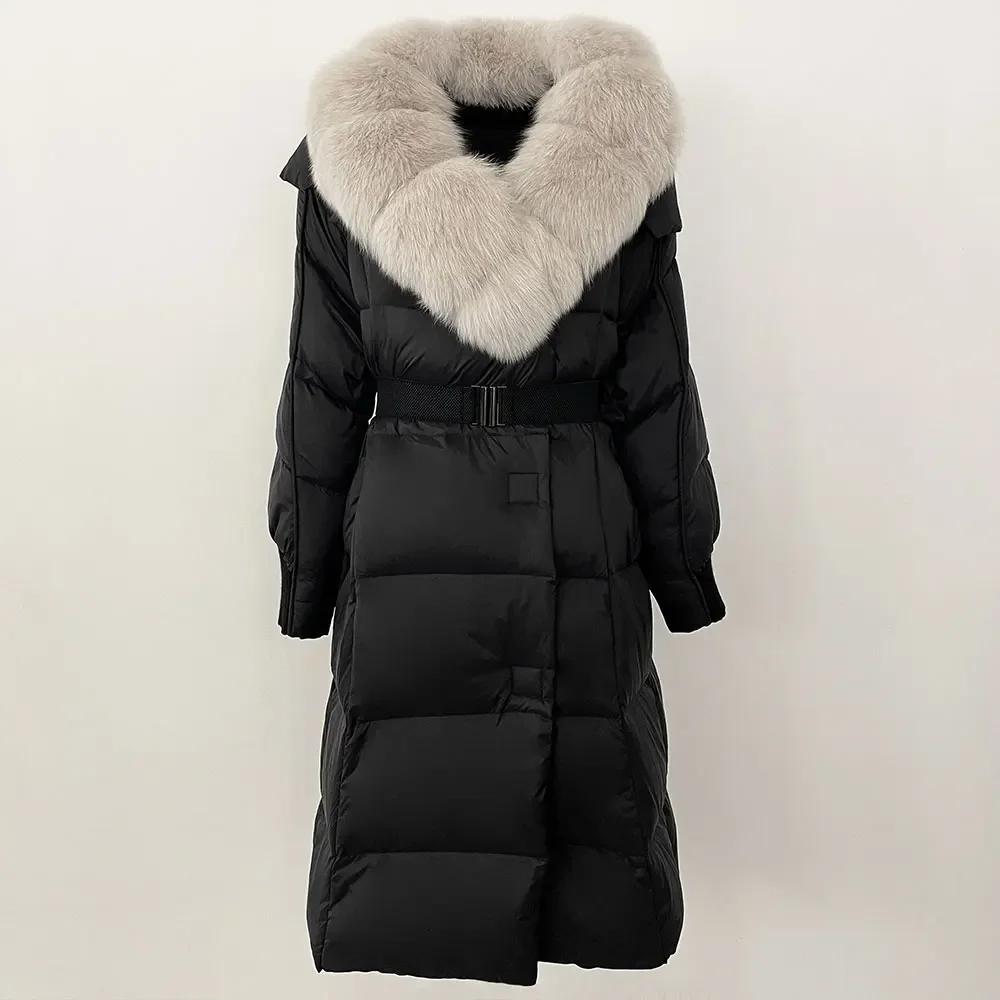 OFTBUY Winter Jacket Women Long Natural Real Raccoon Fox Fur Collar White Duck Down Coat Belt Thick Warm Casual Outerwear