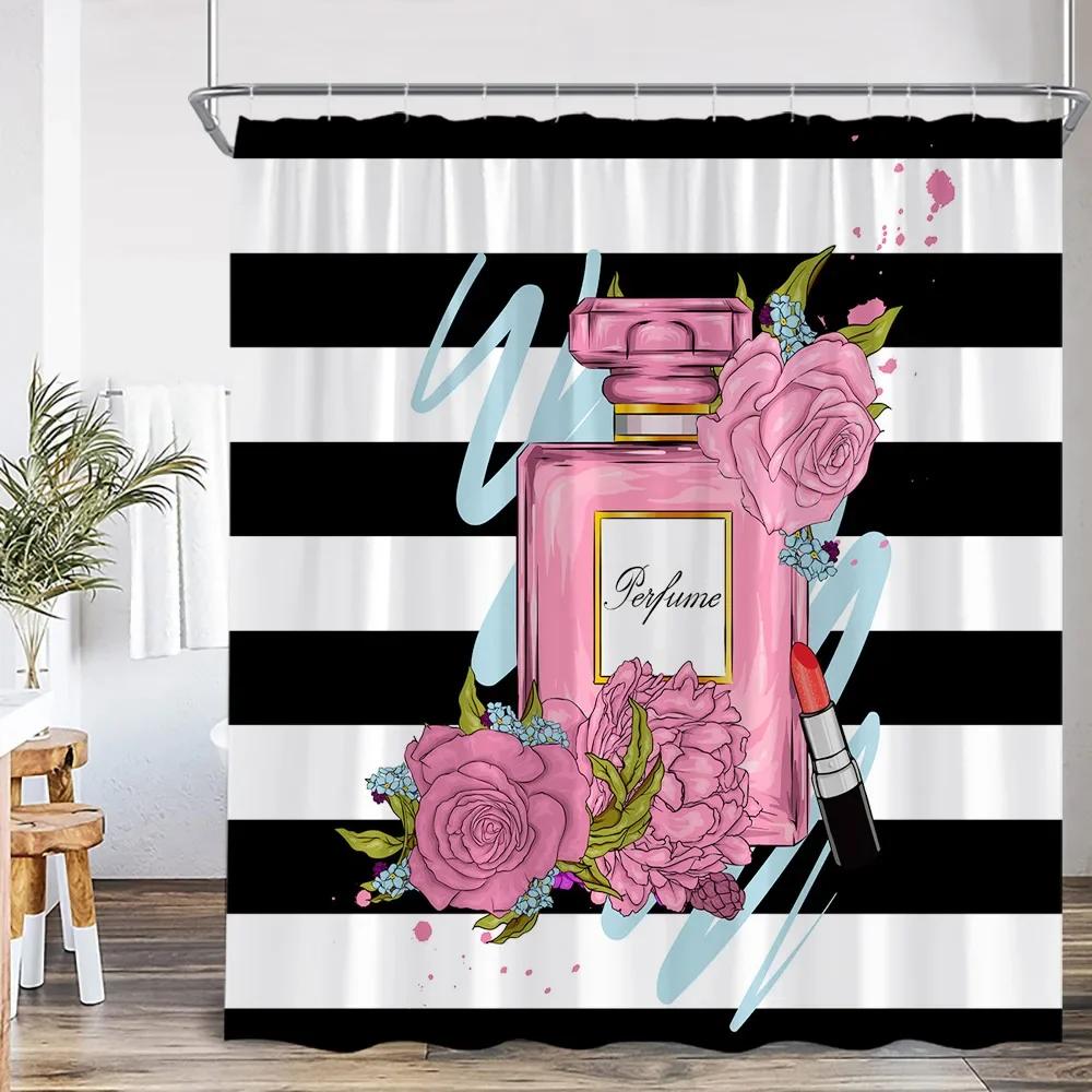 Pink Perfume Bottle Shower Curtain Pink Flower Cosmetic Pattern Bathroom Decoration Modern Fashion Shower Curtain with Hook