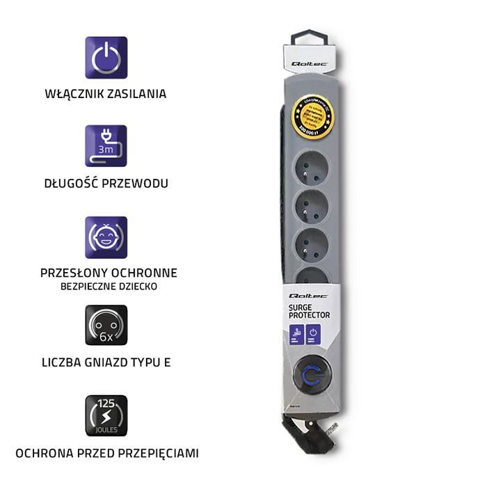 Qoltec Quick Switch surge protector power strip | 6 sockets | 3m | gray