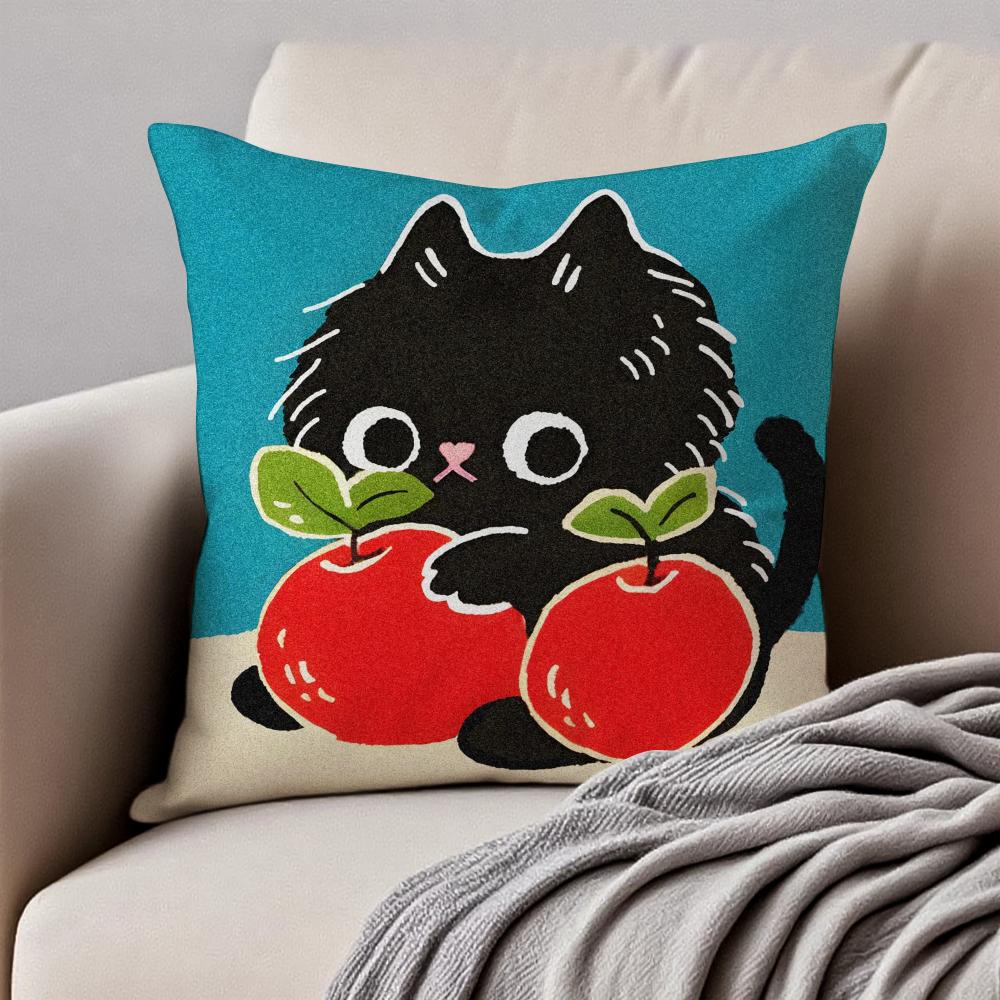 Cute Art Cartoon Handdrawn Cat Cushion Cover Pillowcase Antidustmite Invisible Zipper Short Plush Sofa Cushion