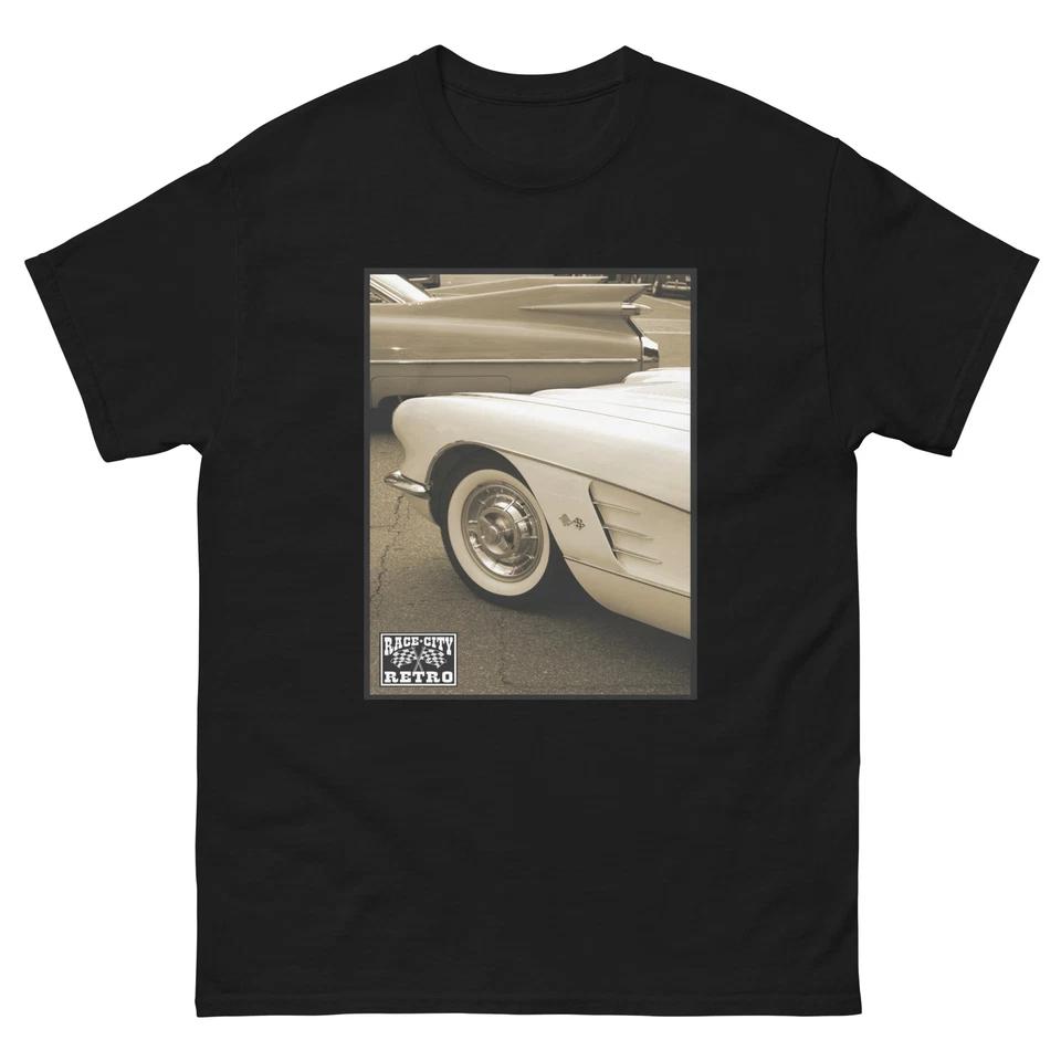 FINS AND FLAGS 50 S CARS T-Shirt by RACE CITY RETRO CADDY & CORVETTE 2XL