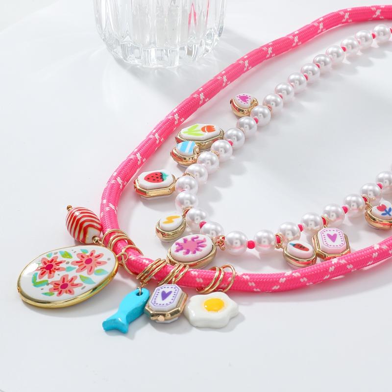 Imitation Pearl Bead Alloy Small Fish And Flower Geometric Pendant Double-Layer Necklace Set For Women Jewelry Gift