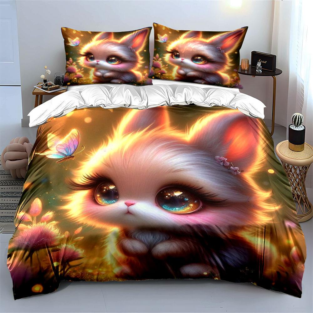 Dreamy Bunny With Butterfly Glow Print Bedding Set 1 Duvet Cover 2 Pillowcases For Adult And Children Luxury Gift Full Size