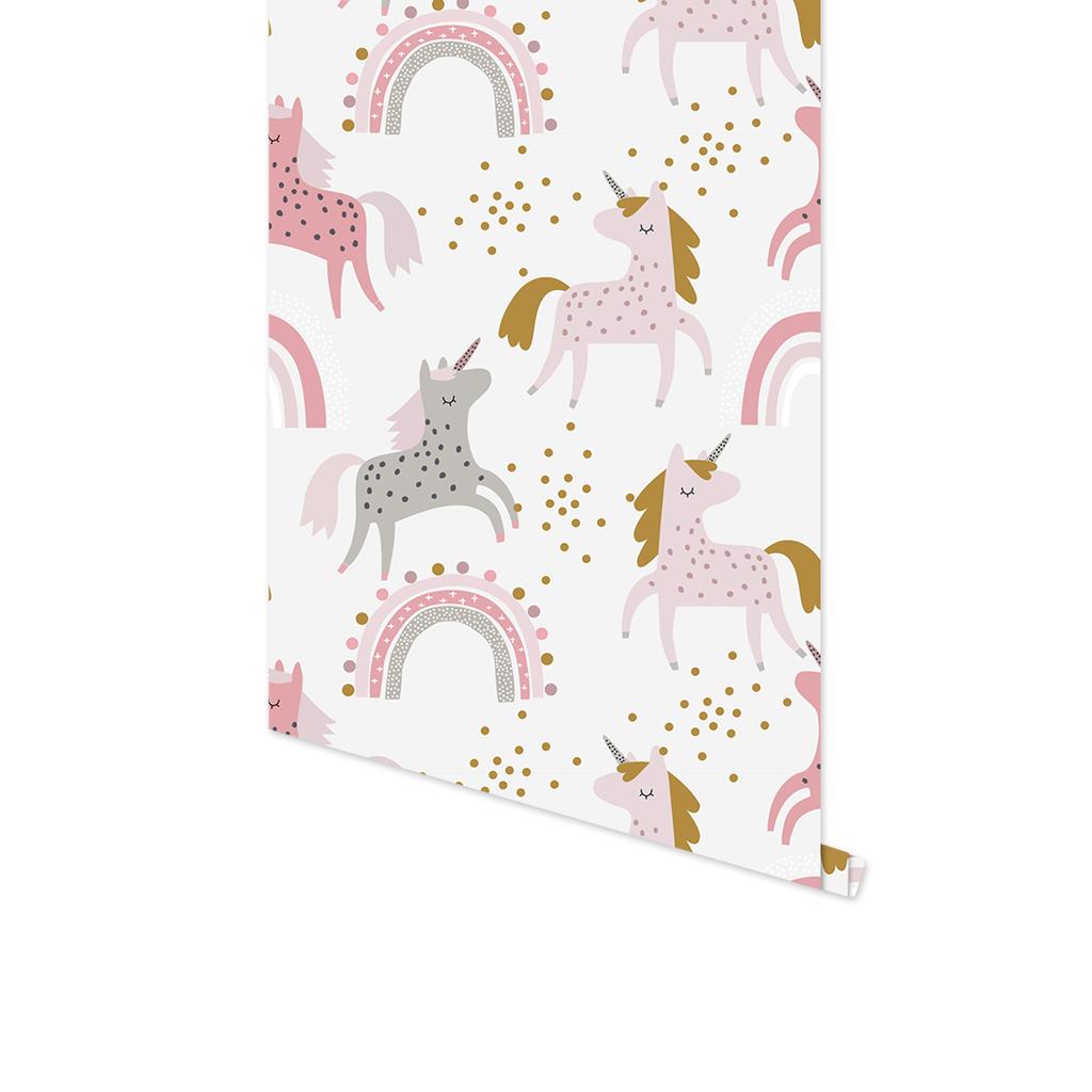 Cute Unicorn Rainbow Peel And Stick Cartoon Wallpaper Self-Adhesive Pink/Grey Wall Stickers for Kidroom Easy To Paste Home Decor