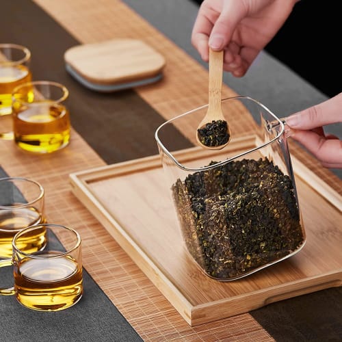 POKALOTEA Glass Canisters, Airtight, 900ml, Kitchen Glass Storage Containers, Set of 2, Heat-Resistant Glass Tea Canisters with Airtight Bamboo Lids a