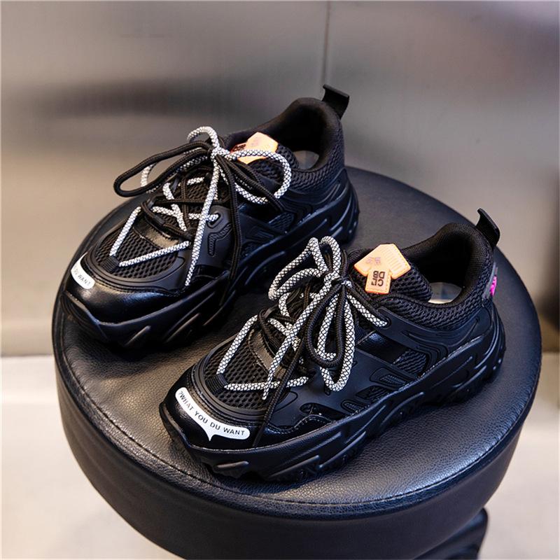 Leather Women's Shoes Ins2025 New Internet Celebrity Spring Sports Shoes Casual High Heels Comfortable Heightening Dad Shoes Ins Style
