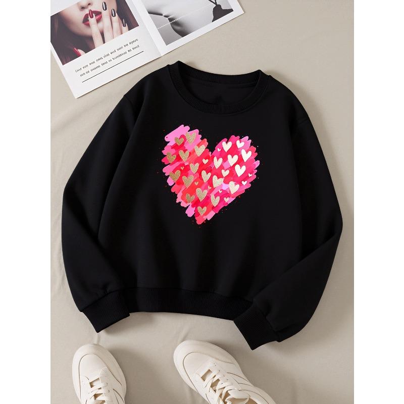 Girls' Crewneck Sweatshirt Heart Pattern with Golden And White Machine Washable, Spring And Autumn