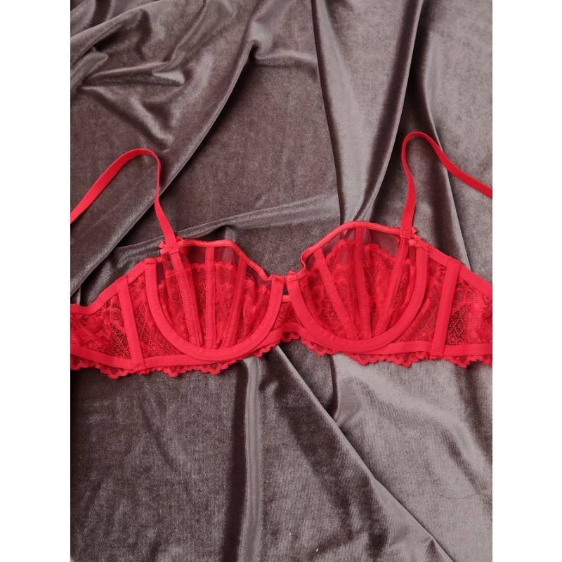 Women's Floral Lace Sheer Mesh Push Up Bra Underwire Balconette Bralette with PantySexy Lingerie Set for Women