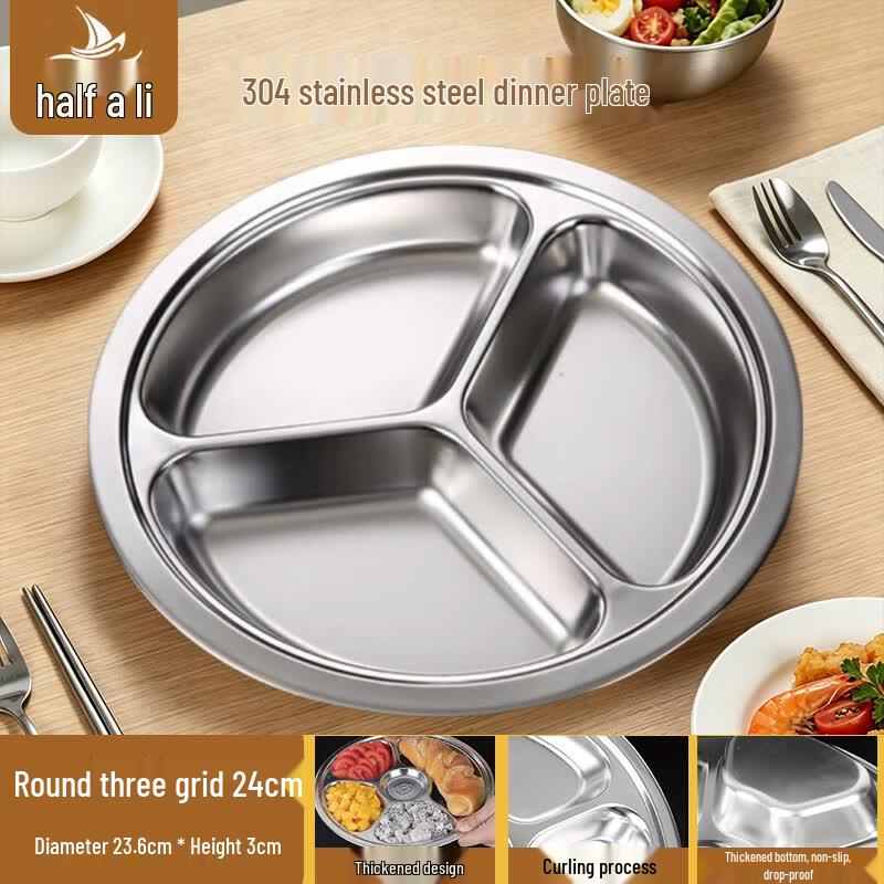 24cm Round 3-Compartment 304 Stainless Steel Lunch Tray
