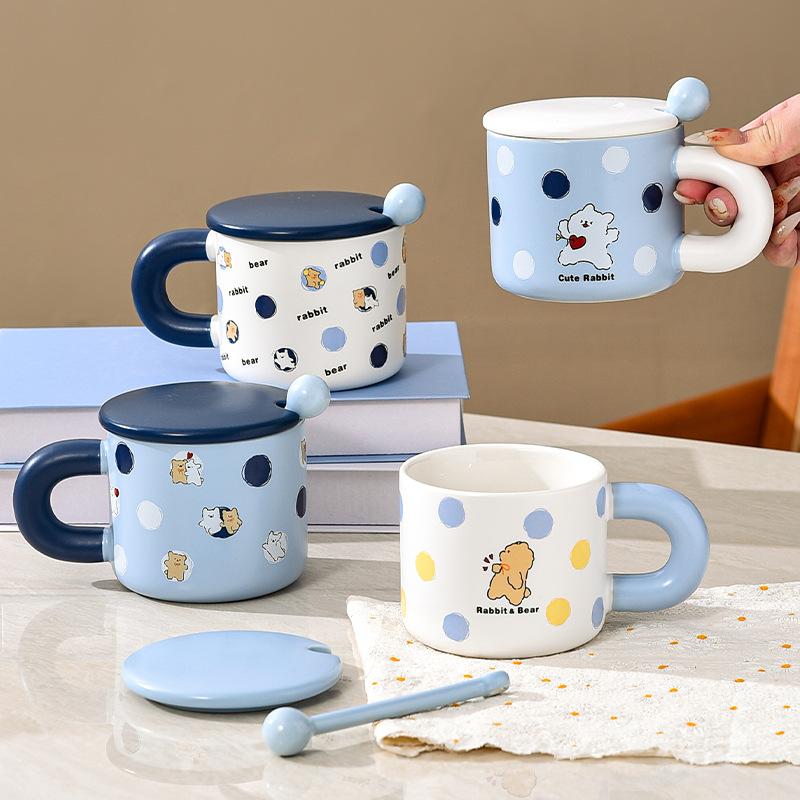 Cute Style Couple Water Cup Breakfast Cup Cartoon Blue Mug with Lid Ceramic Cup with Mixing Spoon