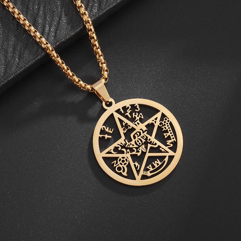 Hip Hop Pentagram Solomon Kabbalah Amulet Hollow Pendant Necklace for Men and Women
