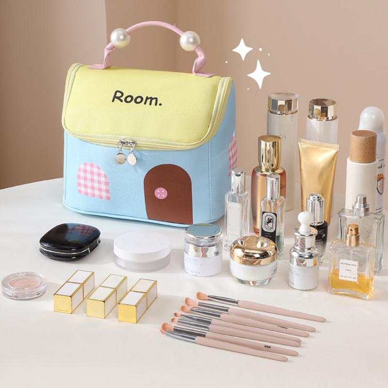 Cute House Shaped Cosmetic Bag Stain Resistant Foldable Space-Saving Makeup Organizer for Travel Home Storage