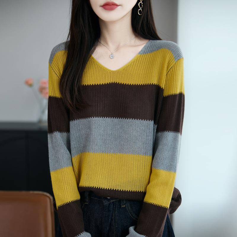 

Новый повседневный и универсальный вязаный свитер с V-образным вырезом в широкую полоску и ажурной вязкой для женщин, пуловер для осени и зимы L жёлтый