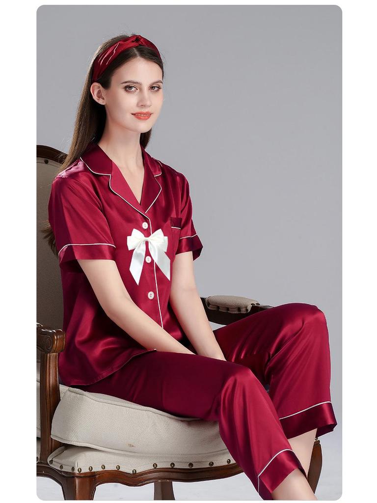 Girls' Imitation Silk Pajama Set - Short Sleeve Top & Long Pants, Lapel Design, Spring/Summer Homewear