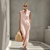 Women's Sleeveless Stand Collar Button Front Loose Fit Casual Maxi Dress