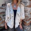 Cardigan Tricoté Blanc Fleuri Ajouré pour Femme Manches Trois Quarts