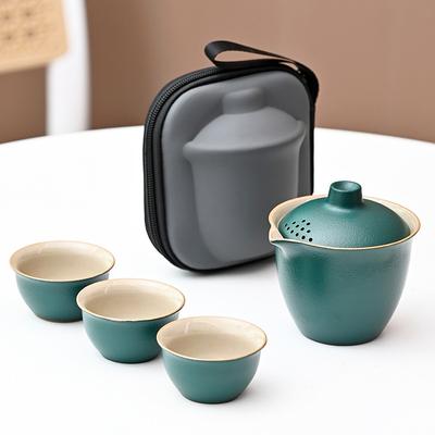 Black Pottery Kuaike Cup, One Cover Bowl, Three Cups Ceramic Travel Tea Set, Portable Outdoor Souvenir Set, Business Gift.