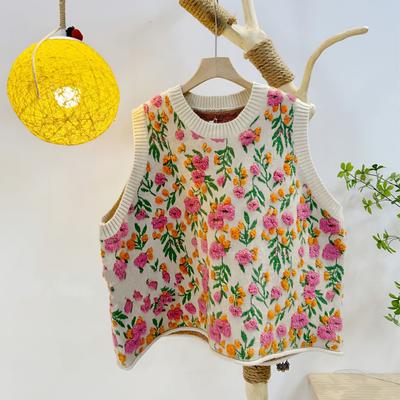 Pink Green Fashion Korean Style Pink Peach Blossom Knitted Vest Women Fashion Flower Embroidery Sweater Vest O Neck Pullover Knitwear