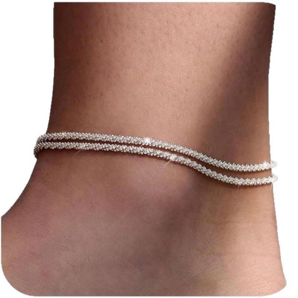 2pcs Sparkling Ankle Chain Adjustable Thin Foot Chain Double-Layer Anklet  Summer Beach