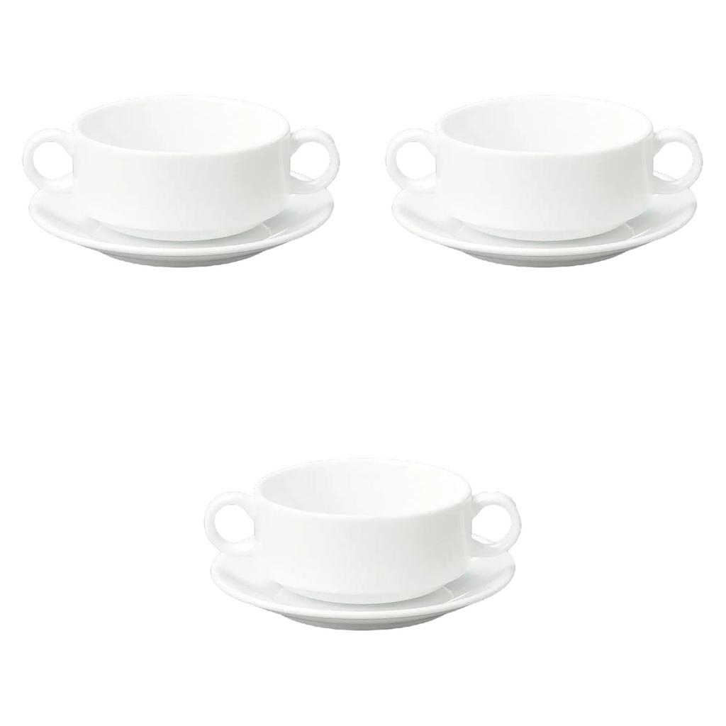 Set of 3 Plage Stack Two-Handed Soup Cups (C/S) [15.4 X 10.3 X 5.4 Cm, Plate 15.2 X 2.2 Cm (285cc)] | Cup & Saucer Setomonohonpo