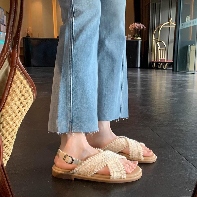 Grape mother bright color system two versions~ lazy holiday wind cross knitting ins open toe wearing cool slippers women