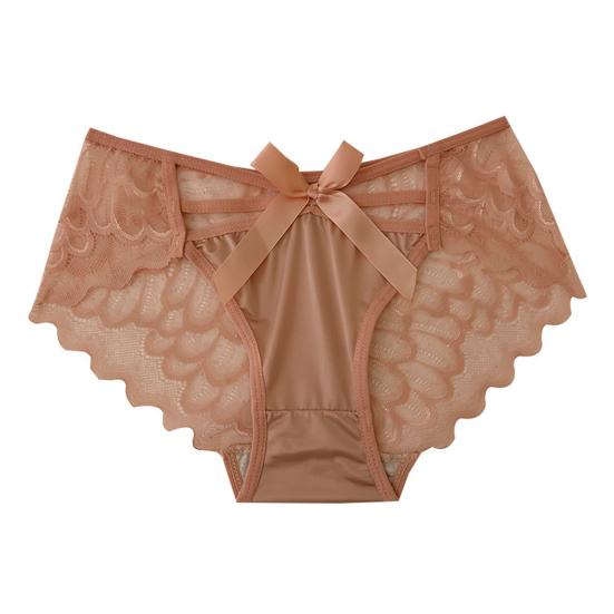 Women Sexy Lace Satin Panties Mid Waist Silky Underwear with Bow Lady Seamless Briefs Invisible Bikini Underwear