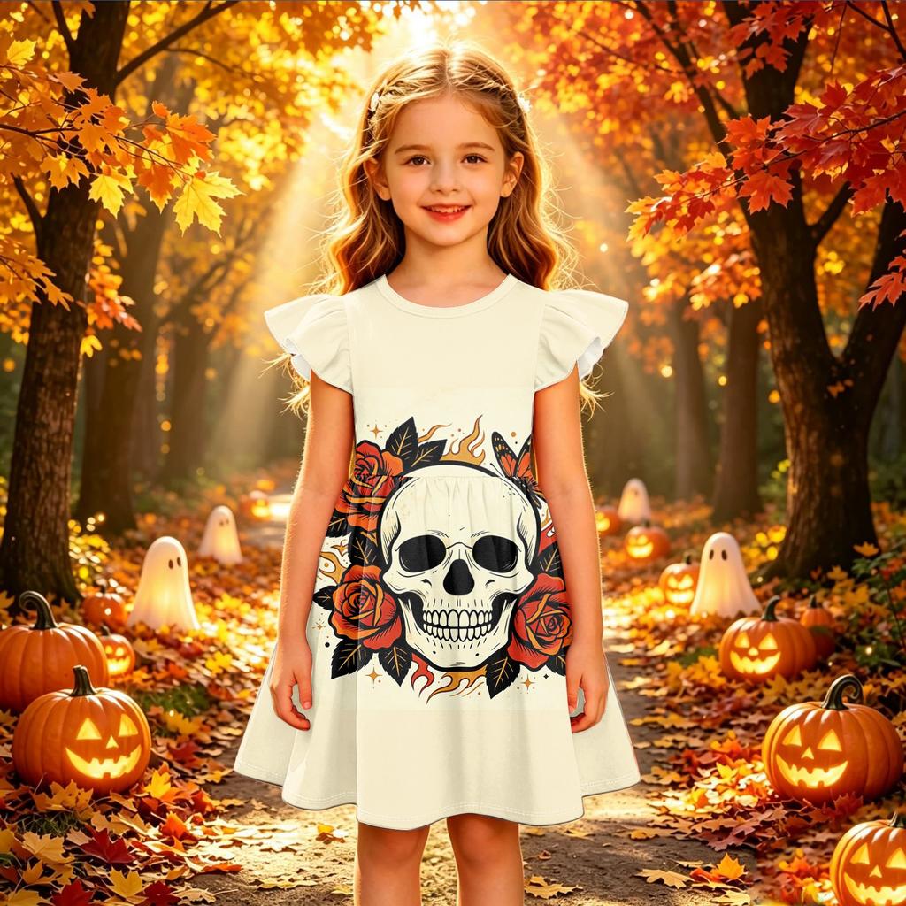 Kids Casual Halloween Printed Sleeve Dress for Party and Daily Wear