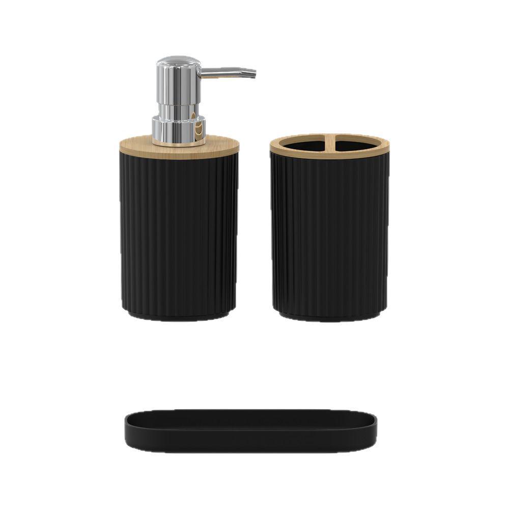 Ensemble de salle de bain en bois de bambou: Comprend Bouteilles, Brosse de Toilette, Porte-Brosse à Dents, Poubelle - 3 Pièces.
