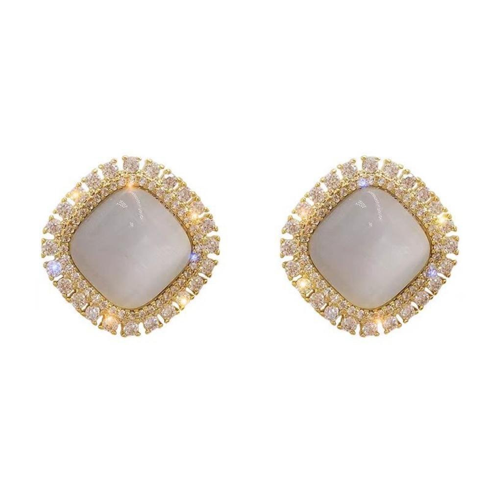 Korean Luxury Shining Rhinestones Opal Cat Eye Stone Square Stud Earrings for Women Party Wear Temperament Statement Jewelry