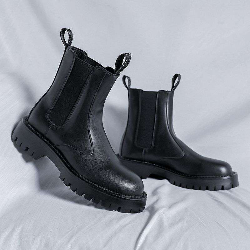 Chelsea Boots Herren Sommer Mid Boots Herren Schwarz High-Top Schuhe Britische Baumwollschuhe Aufgeraut Verdickt Martin Boots