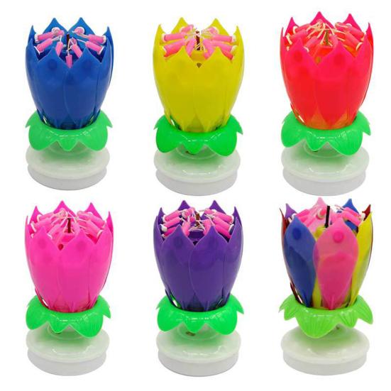 Lotus Candle Solid Paraffin Colored Flower Shape Flat Bottom Rotating Electronic Candle Birthday Cake Music Candles Party Supplies