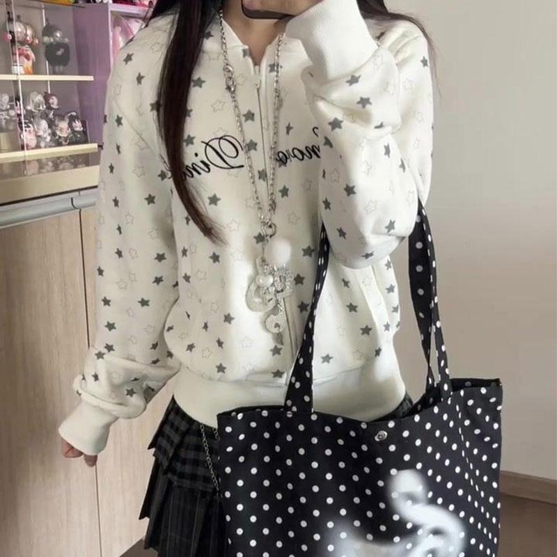 Japanischer Stil Bedruckte Buchstaben Kapuzenpullover Damen Lässig Kapuze Herbst Modisch Reißverschluss Vintage Langarm Sweatshirts