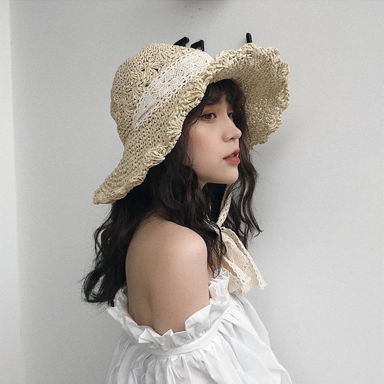 Chapeau de paille coréen doux et mignon en dentelle petit frais loli été vacances au bord de la mer grand bord chapeau de soleil femmes
